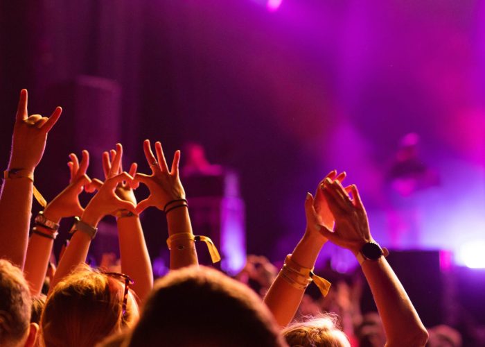 crowd partying stage lights live concert summer music festival